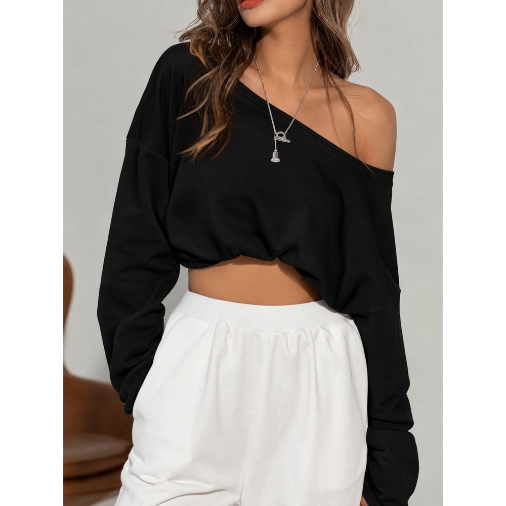 COMMENSE Luxe Asymmetrical Off Shoulder Sweatshirt Black S US 4 NWT